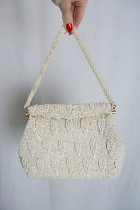 Vintage 1950s White Beaded Leaves Purse Stunning!