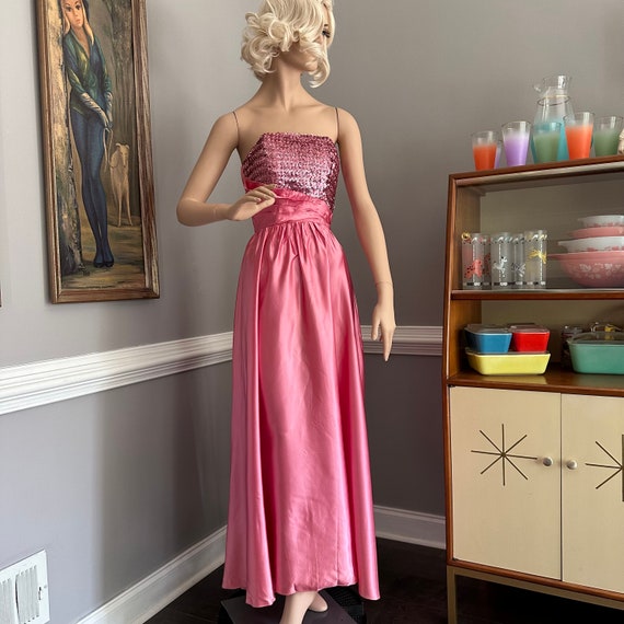 Vintage 1980s Pink Prom Dress Sequin & Satin Full… - image 6