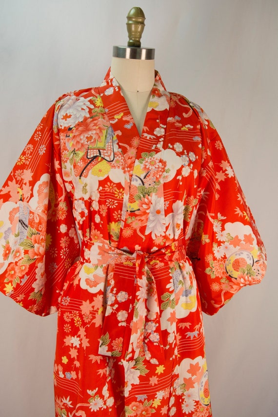 Vintage Kimono Robe Red Floral Japan Gorgeous! S/M - image 1