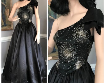 Vintage 80s Prom Dress Silver Glitter Fireworks Black Satin Formal One Shoulder Giant Bow S