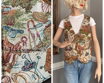 Vintage Cowboy Themed Tapestry Vest Western 90s/Y2K L