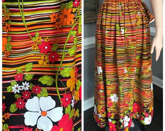 Vintage 1970s Maxi Skirt Hippie Flower Power Stripe Print XXS