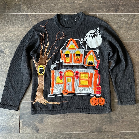 Vintage Halloween Sweater Haunted House Ghosts S - image 5