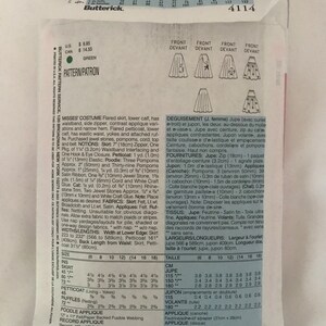 May include: A sewing pattern for a flared skirt and petticoat costume. The pattern includes instructions for making a skirt with a waistband, side zipper, and contrast applique, as well as a petticoat with an elastic waistband and yokes. The pattern also includes instructions for making a poodle applique and a cat applique. The pattern is printed on green paper and includes a size chart and a list of materials needed.