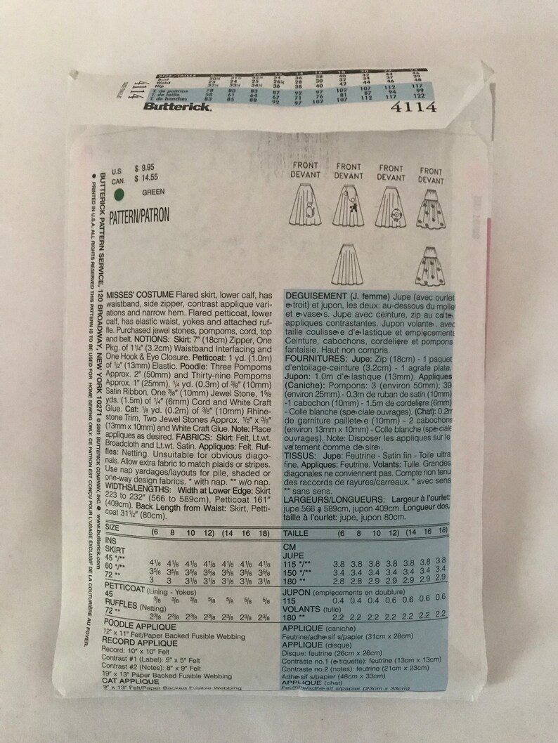 May include: A sewing pattern for a flared skirt and petticoat costume. The pattern includes instructions for making a skirt with a waistband, side zipper, and contrast applique, as well as a petticoat with an elastic waistband and yokes. The pattern also includes instructions for making a poodle applique and a cat applique. The pattern is printed on green paper and includes a size chart and a list of materials needed.