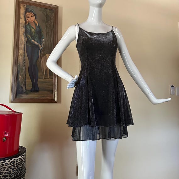 lurex skater dress Vintage 80s/90s Gunmetal Lurex Party Girl Mini Prom Skater Dress S