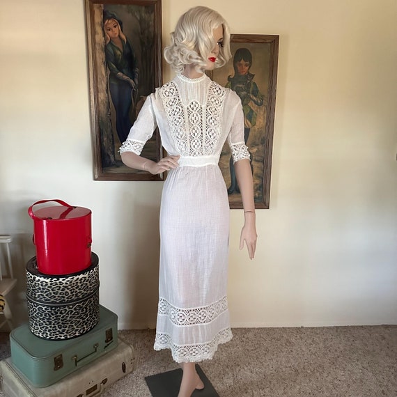 Antique Edwardian Swiss Dot Tea Gown Vintage Lawn Dress Tiny Pom-Pom Trim Xs