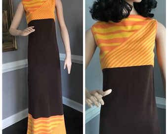 Vintage 1960s Mod Column Dress Orange Stripe & Chocolate Brown by Jeanne Lanvin S