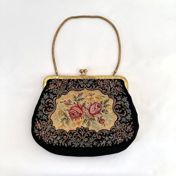 Vintage 1950s Floral Needlepoint Purse Tapestry H… - image 1