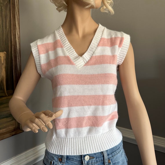 Cute Vintage 1980s Pastel Pink Striped Sweater Ve… - image 1