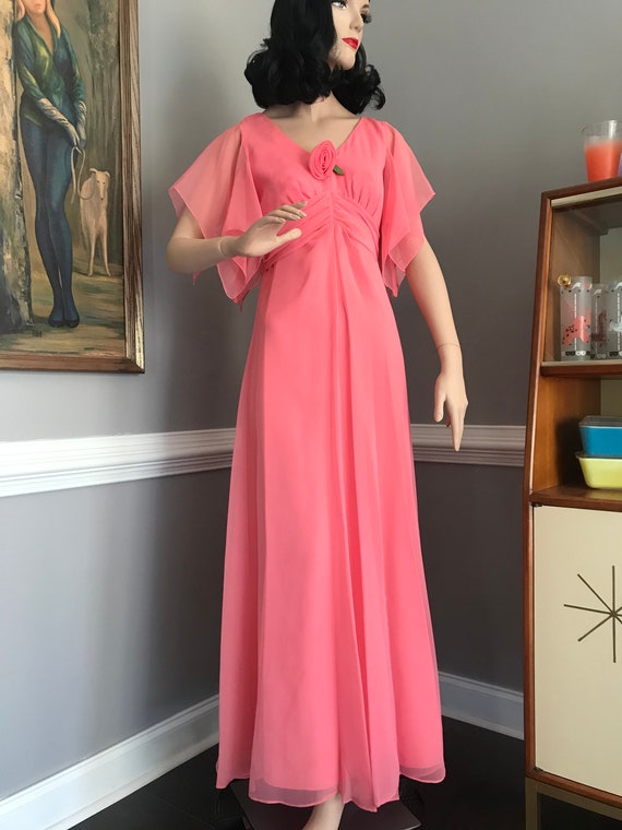 Vintage 70s Dress Strawberry Pink Chiffon Gown Ha… - image 6