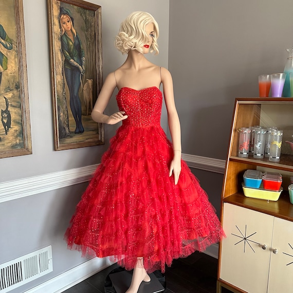 Vintage 1950s Cupcake Prom Dress Strapless Red Ru… - image 2