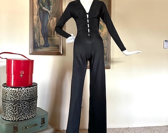 Vintage 70s Disco Wet Look Cut-out Jumpsuit Soul Train Bell Bottoms S