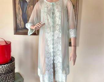 Vintage 1950s Mint Green Nylon Chiffon Pin-up Peignoir Robe M/L