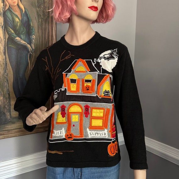 Vintage Halloween Sweater Haunted House Ghosts S - image 3