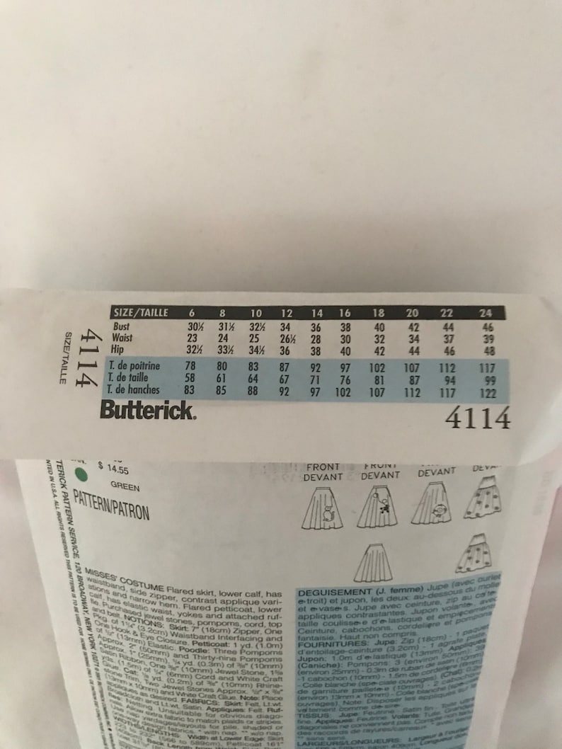 May include: A sewing pattern for a flared skirt with a contrasting applique. The pattern is for sizes 6-24 and includes instructions for a petticoat. The pattern is from Butterick and is number 4114.