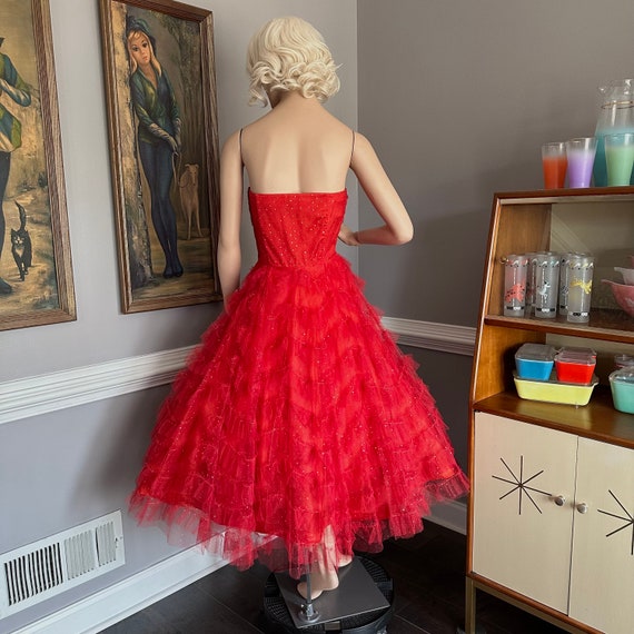 Vintage 1950s Cupcake Prom Dress Strapless Red Ru… - image 3