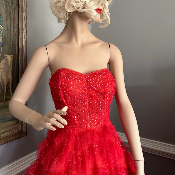 Vintage 1950s Cupcake Prom Dress Strapless Red Ru… - image 4