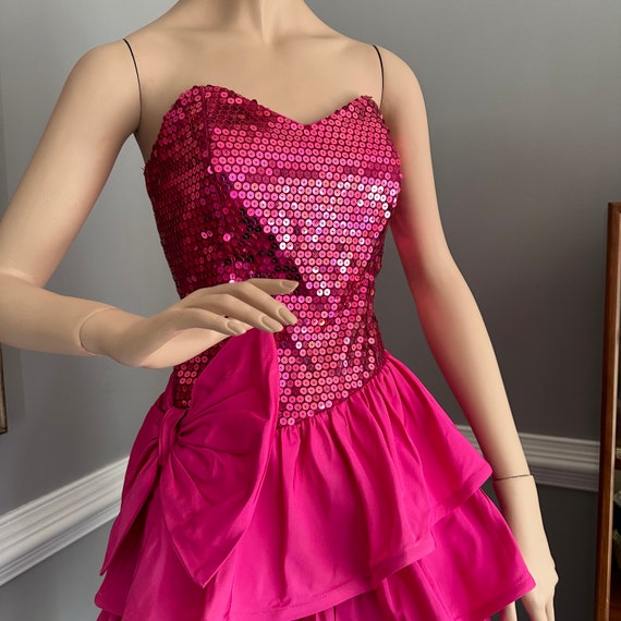 Vintage 1980s Hot Pink Party Dress Strapless Mini… - image 6