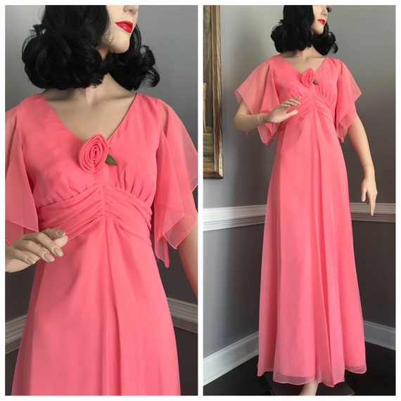 Vintage 70s Dress Strawberry Pink Chiffon Gown Ha… - image 1