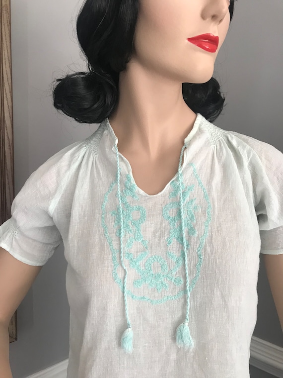 Vintage Pale Green Peasant Top Embroidered Floral… - image 3