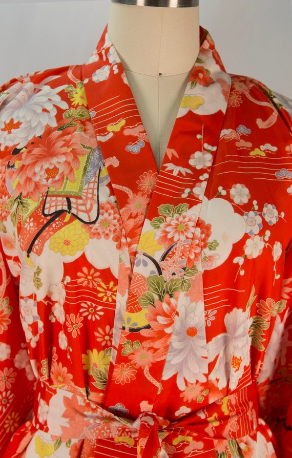 Vintage Kimono Robe Red Floral Japan Gorgeous! S/M - image 8