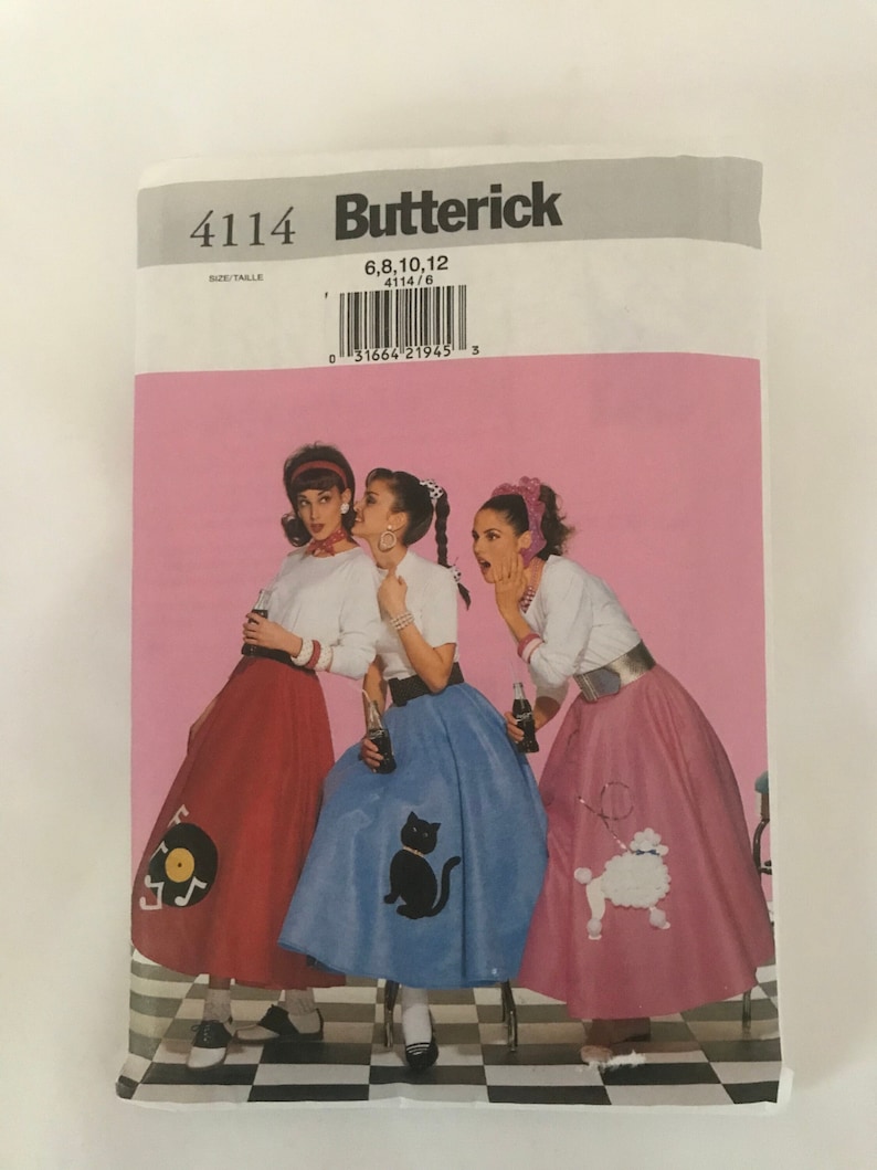 May include: A vintage sewing pattern for three circle skirts with different designs. The skirts are red, blue, and pink. The pattern number is 4114 and the sizes are 6, 8, 10, and 12. The pattern is by Butterick.