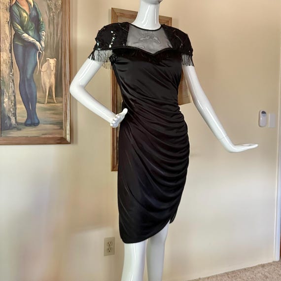 ruched wiggle dress Vintage 1980s Black Coffin Ruched Beaded Fringe Wiggle Dress Deadstock M