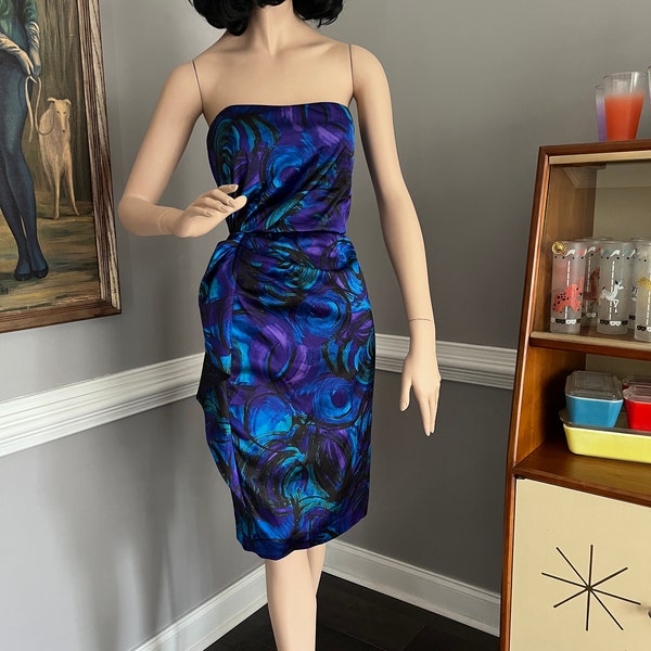 Vintage Y2K Sarong Dress Satin Peacock Print Hip Swag Maggy London Size 8