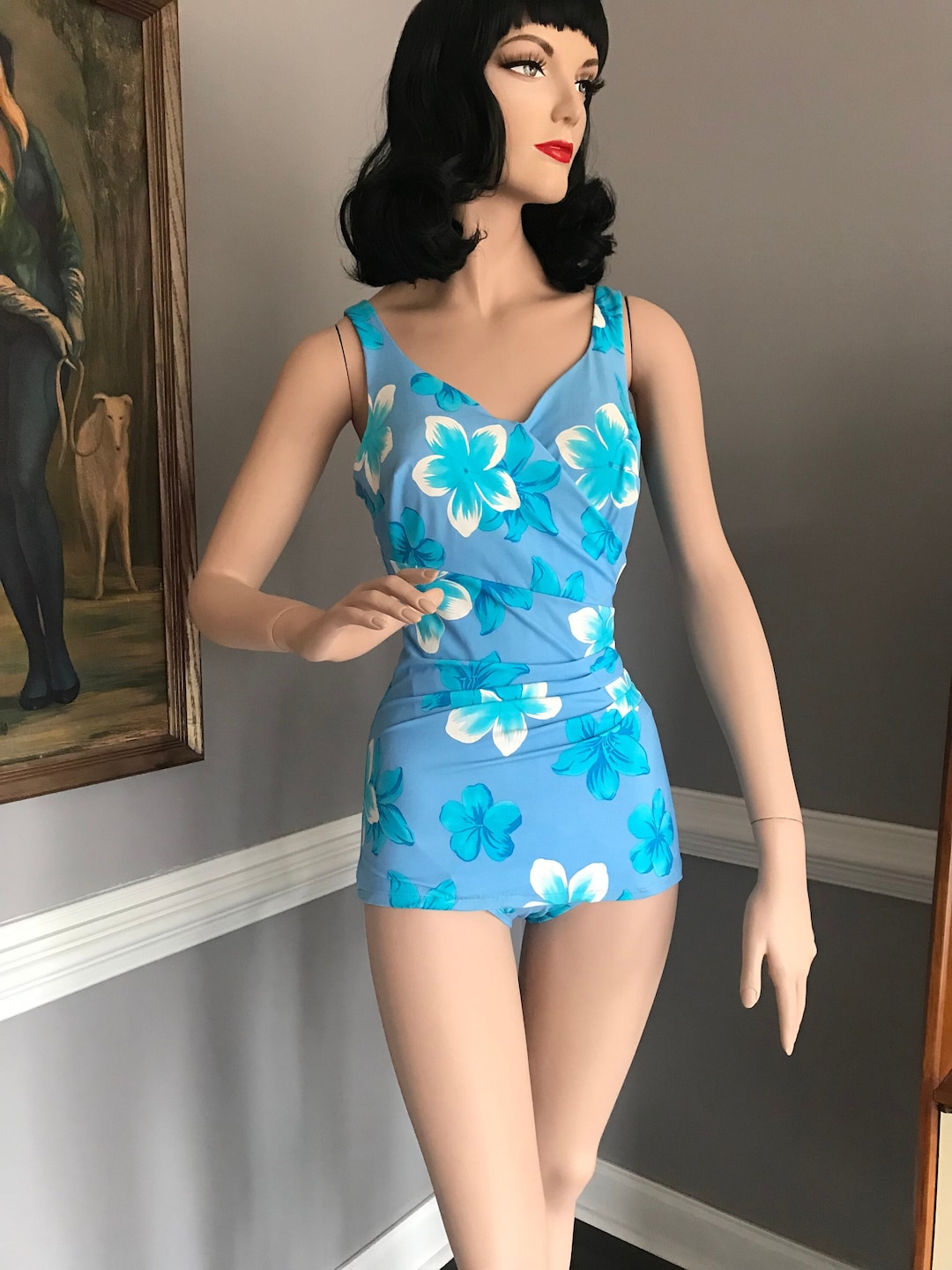 Vintage Pinup Girl Swimsuit Blue Floral Hawaiian Print Bullet Bra Cups