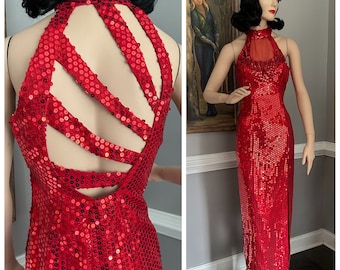 Vintage 90s Red Sequin Prom Dress Cage Halter XS/S