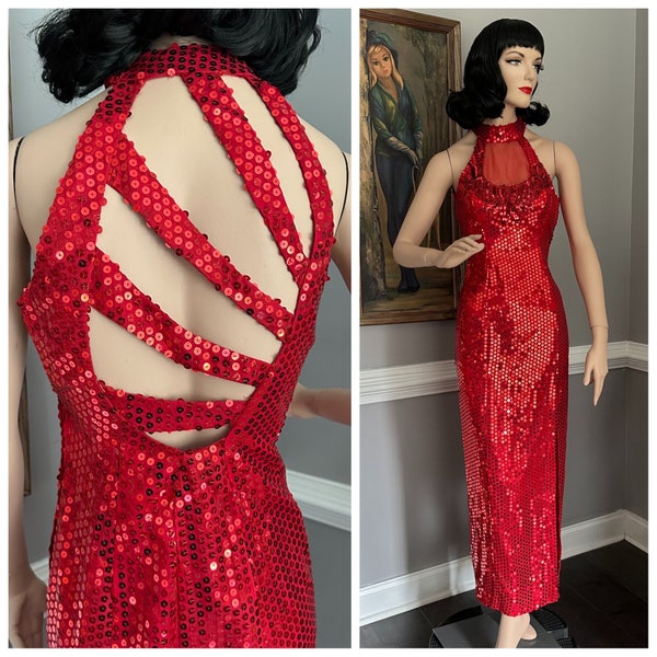 Vintage 90s Red Sequin Prom Dress Cage Halter XS/S