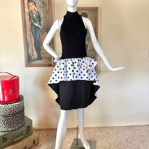 Vintage 1980s Polka-dot Peplum Party Dress Halter Mini Black & White S/M