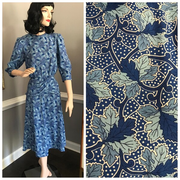 Vintage Peplum Dress Blue Ivy Print Secretary Midi Day Dress Jane Schaffhausen Belle France S/M