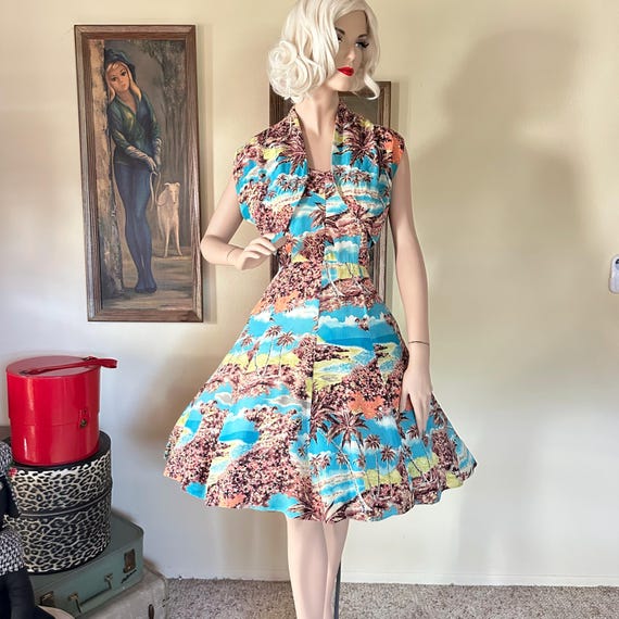 Vintage 1950s Royal Hawaiian Silk Circle Sun Dress & Bolero Set S/M