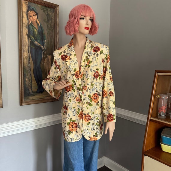 Vintage 80s 90s Floral Blazer Oversize Baggy XL