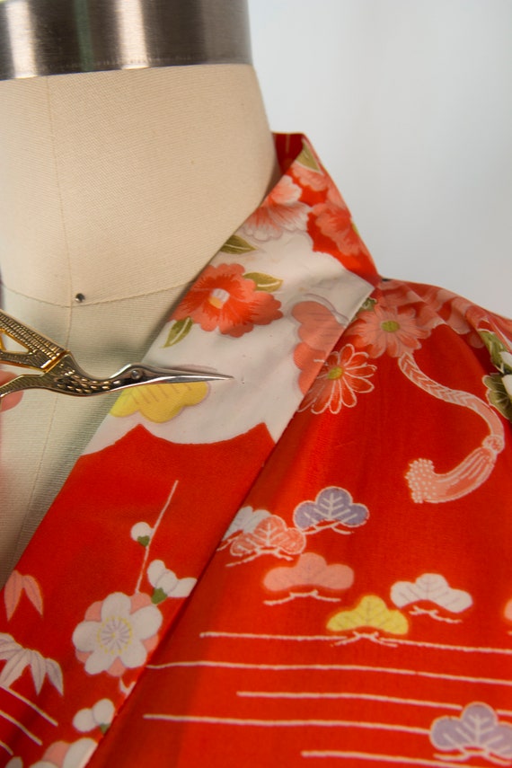 Vintage Kimono Robe Red Floral Japan Gorgeous! S/M - image 7