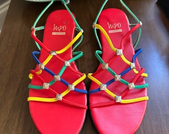 Vintage 80s 90s Impo Rainbow Stretch Elastic Bungee Cord Wedge Sandals Size 7
