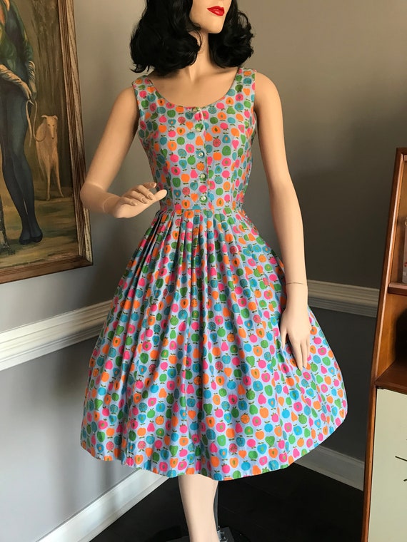 Vintage 1950s Dress Novelty Fruit Print Full Skir… - image 3