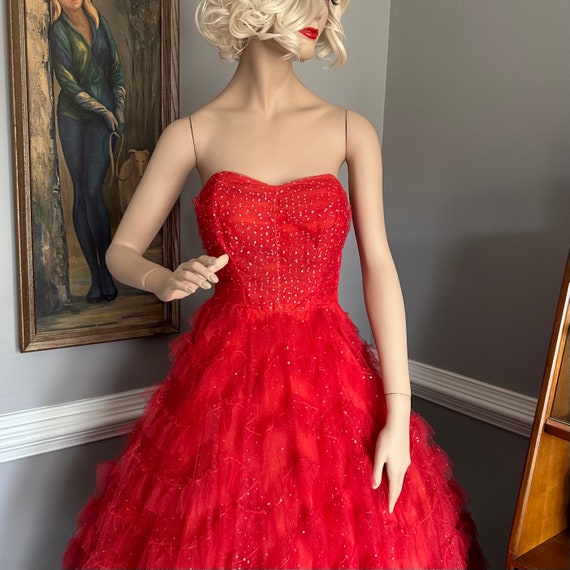Vintage 1950s Cupcake Prom Dress Strapless Red Ru… - image 5