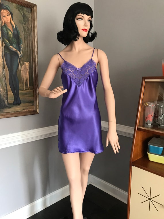 Vintage Chemise Slip Nightie Purple Satin Nightgo… - image 1