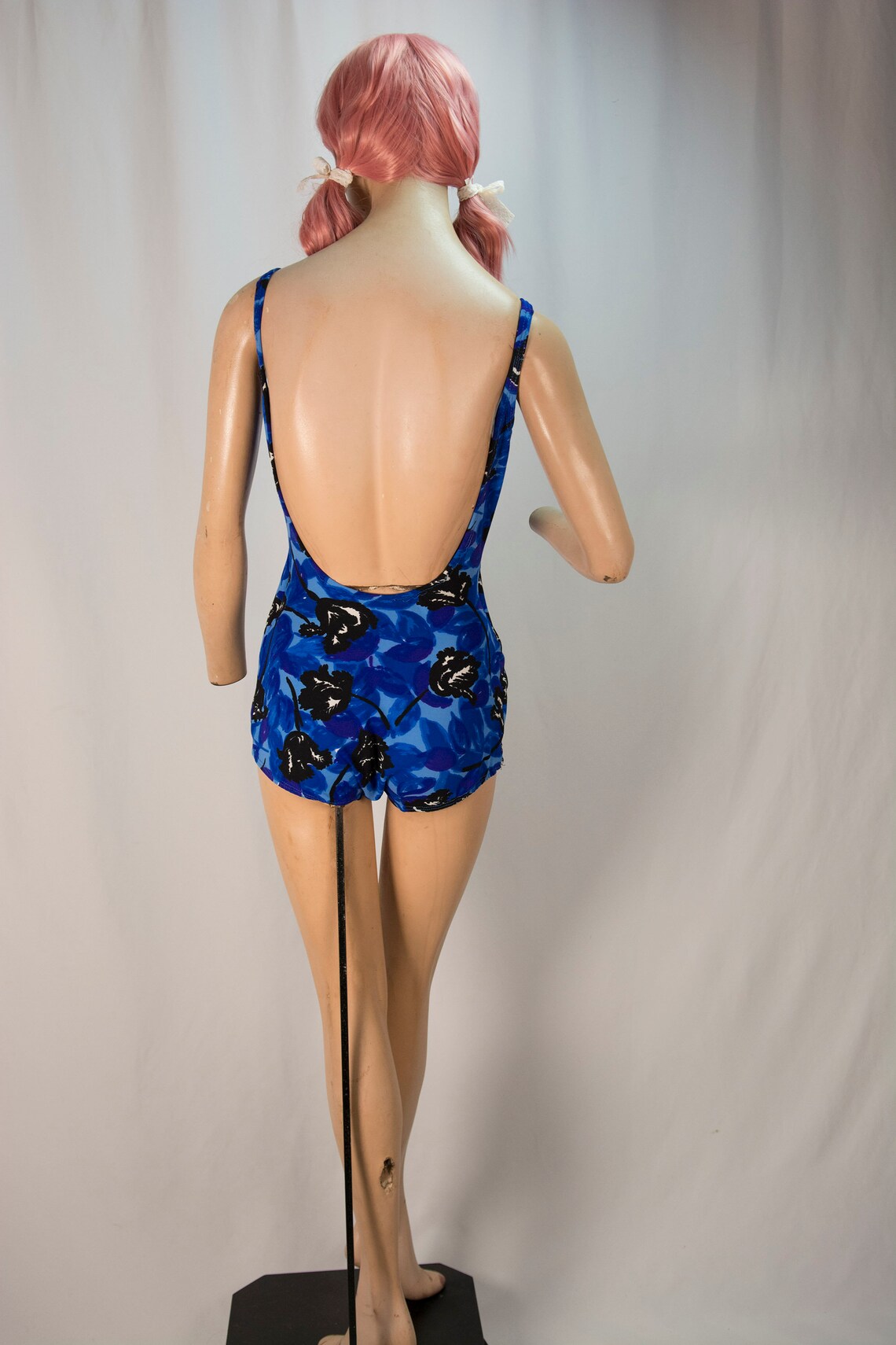 Vintage PINUP GIRL Swimsuit Mod Blue & Black Abstract Floral Etsy