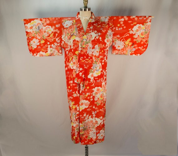 Vintage Kimono Robe Red Floral Japan Gorgeous! S/M - image 3