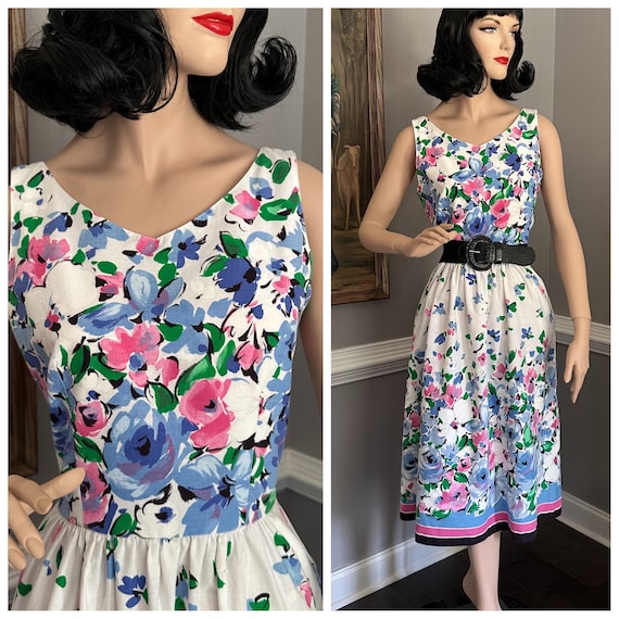 Vintage 80s Floral Print Dress Full Skirt Sundres… - image 1