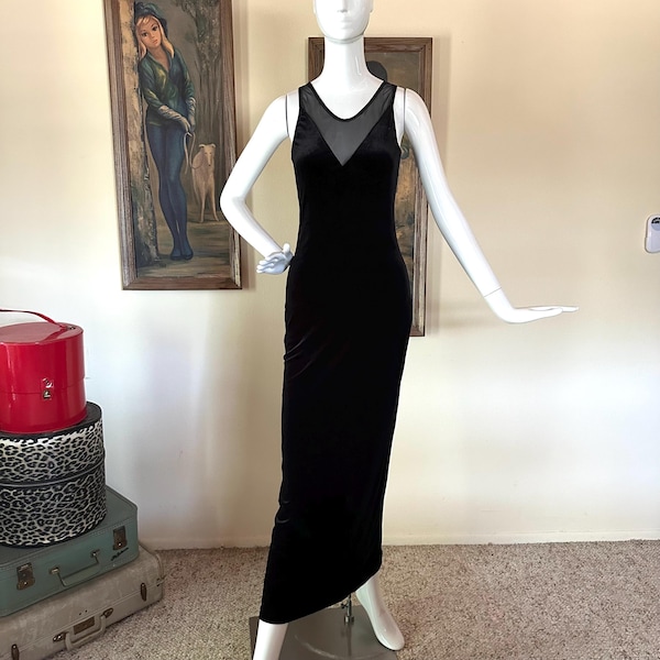 Vintage 90s Vampy Goth Black Velvet Cut Out Halter Dress Prom Gown Bodycon S/M