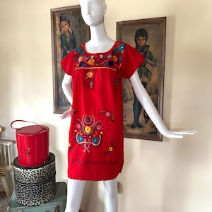 Vintage Embroidered Mexican Peasant Dress Hippie Boho Sundress XS