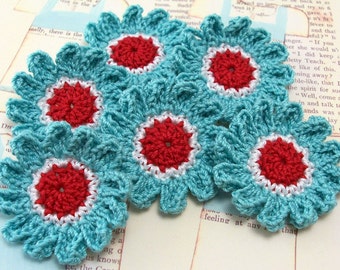 Crochet Flower Appliques in  Aqua Red White