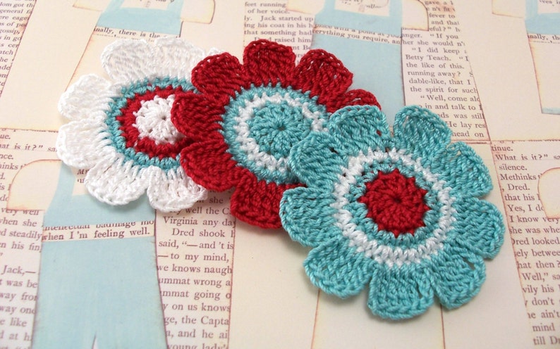 Crochet Red White and Aqua Flowers image 2