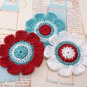 Crochet Red White and Aqua Flowers image 1