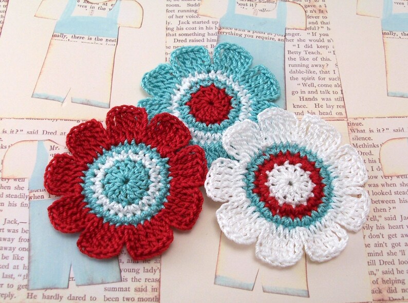Crochet Red White and Aqua Flowers image 1